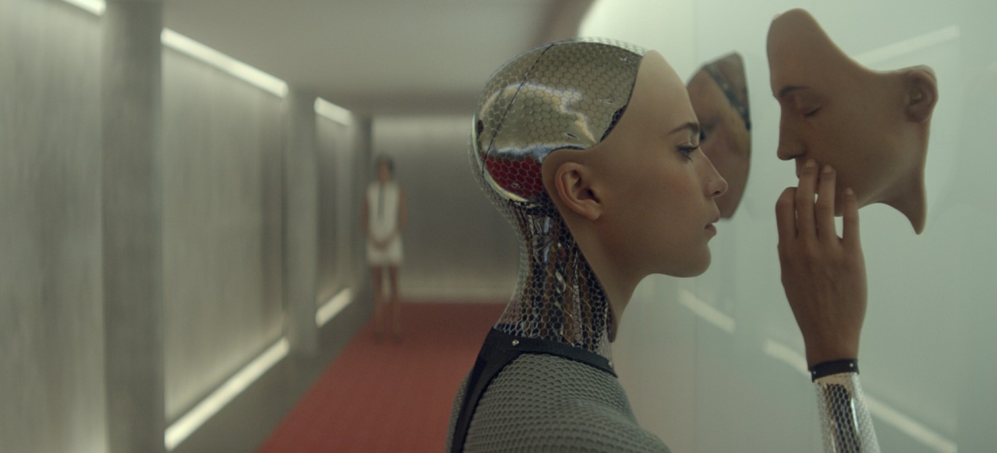Ex Machina: Ava looks at a synthetic face mask