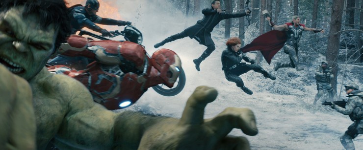 The Avengers attack in formation for the ultimate superhero money shot.  Looks cool, but tactically stupid to approach a fight like this.