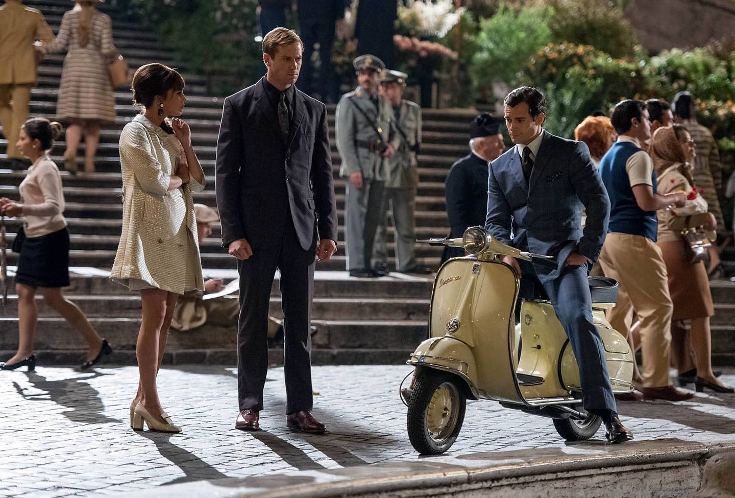 Napoleon Solo astride a fashionable sixties scooter in The Man From U.N.C.L.E.